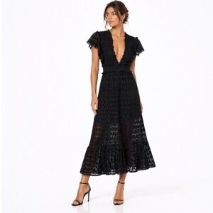 Waimari Florence‎ Crochet Lace Maxi Dress XS Black Deep V-Neck Flutter Sleeve